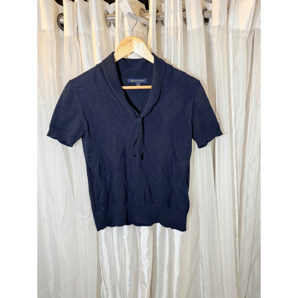 Brooks Brothers Sweater Top Womens M Navy Argyle Shawl Tie Neck Short Sleeve